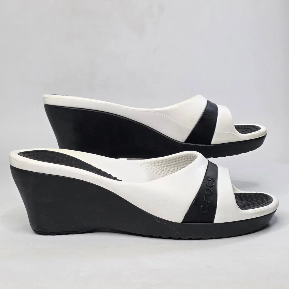 Crocs Sassari Wedge Sandals Women's Size 7 Black White Slides Slip On Shoes